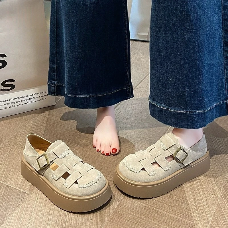 梦孜百丽厚底增高勃肯鞋女2025年夏季新款洞洞鞋镂空透气罗马凉鞋