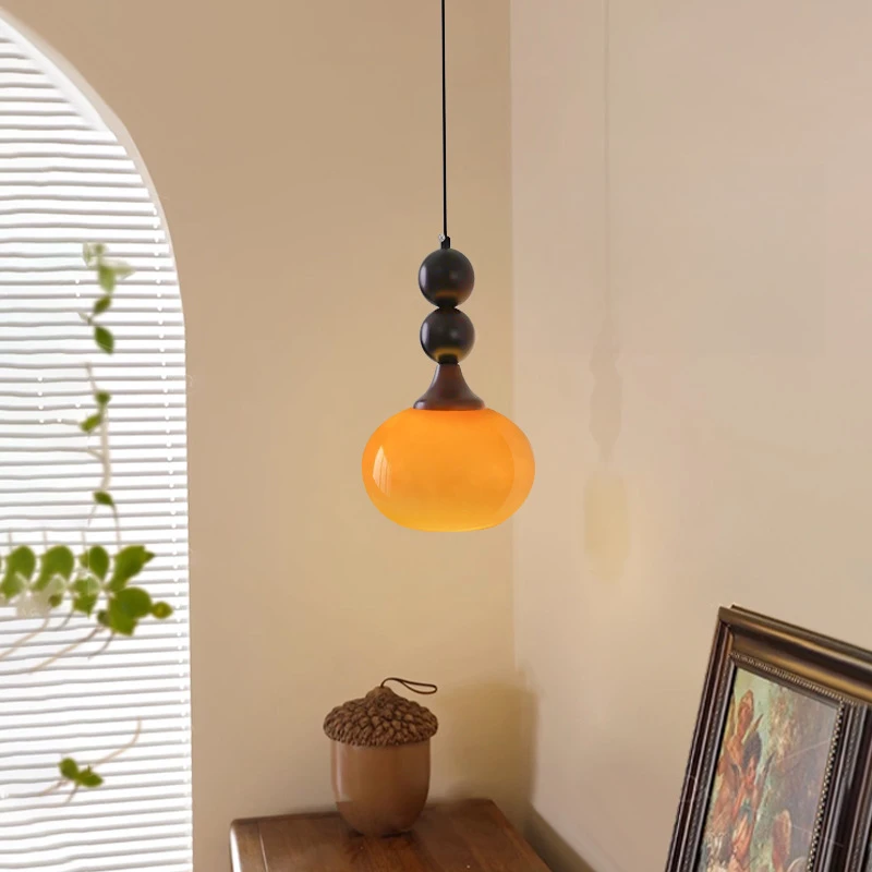 中古奶油风床头小吊灯复古法式卧室可升降单头实木主卧吧台吊线灯