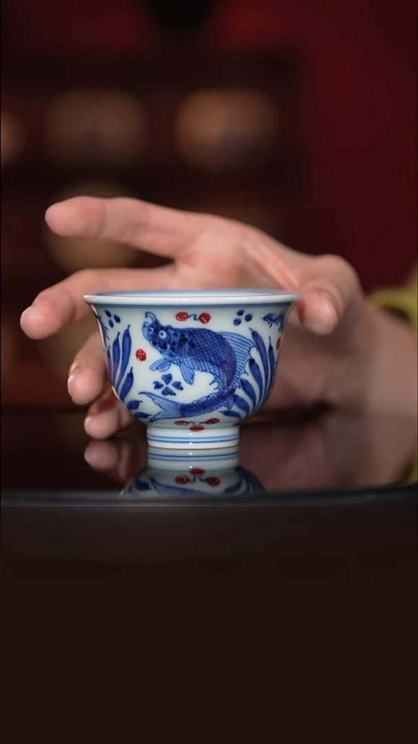 和然窑-原矿釉里红鱼藻主人杯