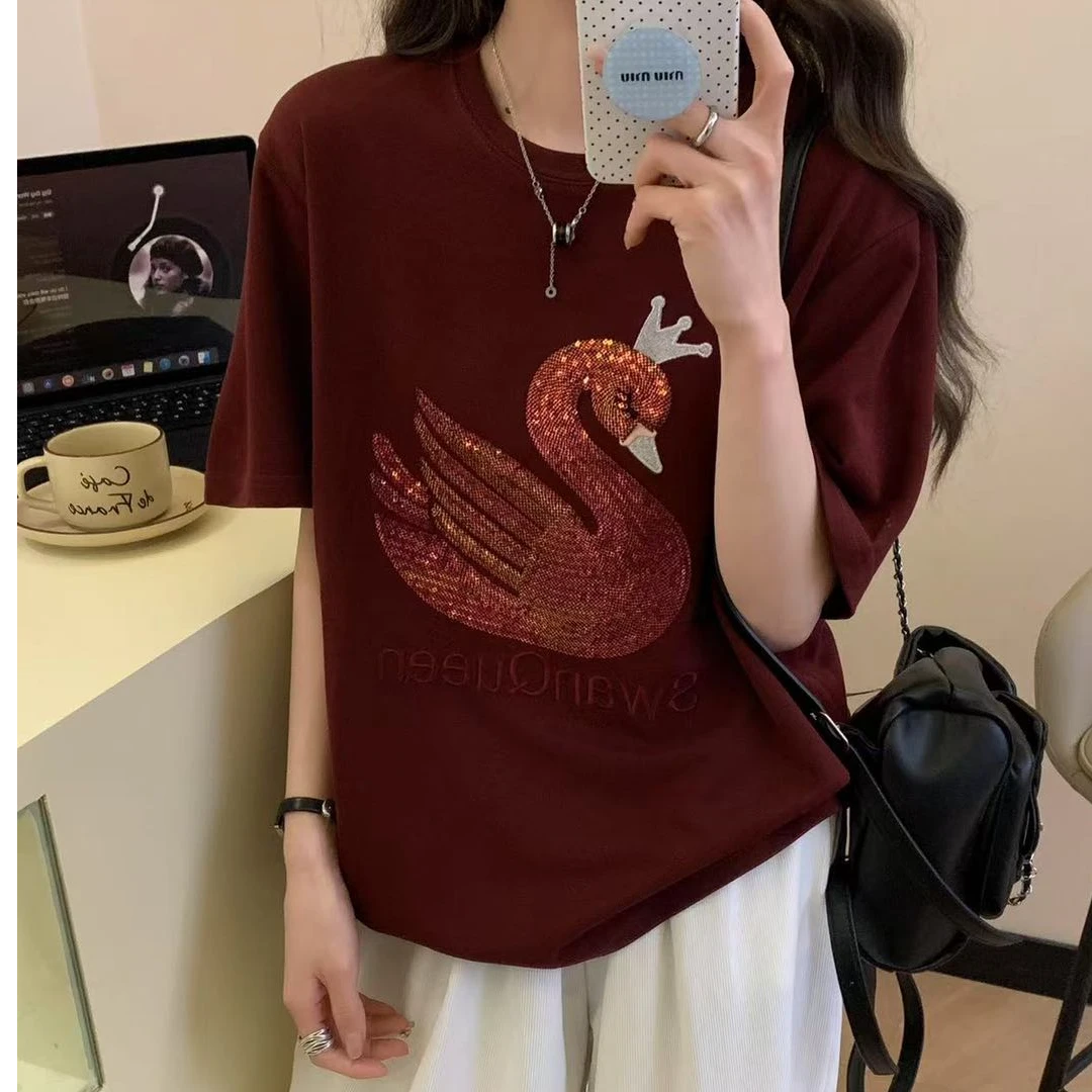 T602#夏季重工刺绣中空立体拱绣天鹅短袖