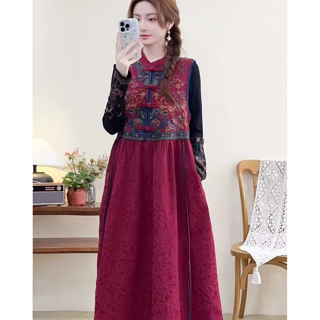 棉麻绣花款民族风中国式时尚刺绣宽松复古显瘦高档马甲连衣裙