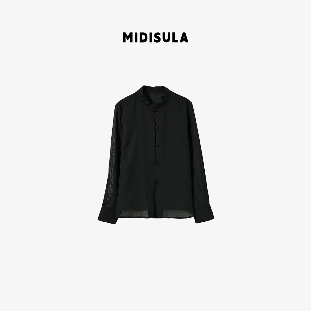 MDSL·新品时尚洋气轻奢盘扣纯色木耳边衬衫#01949