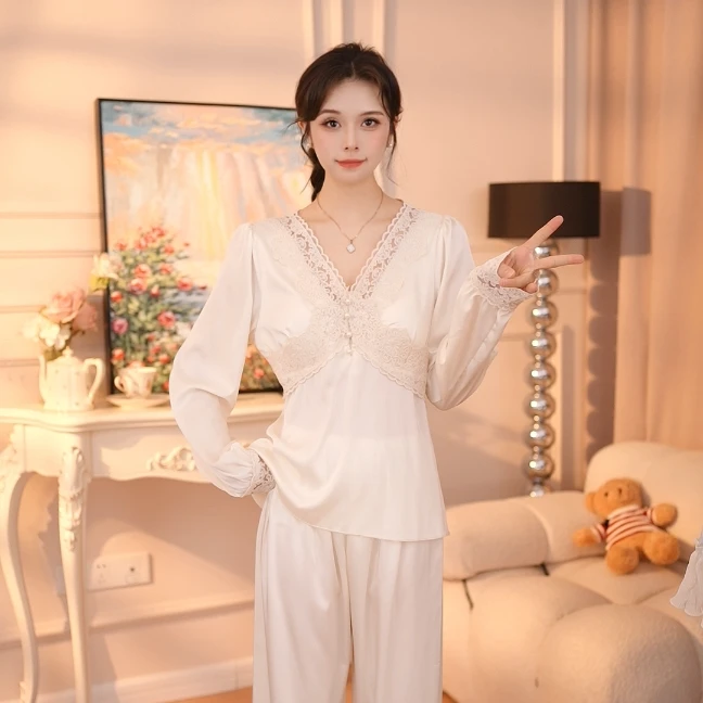 查理夫人【暖春】丝款睡衣套装睡衣春季长袖休闲家居服家居服