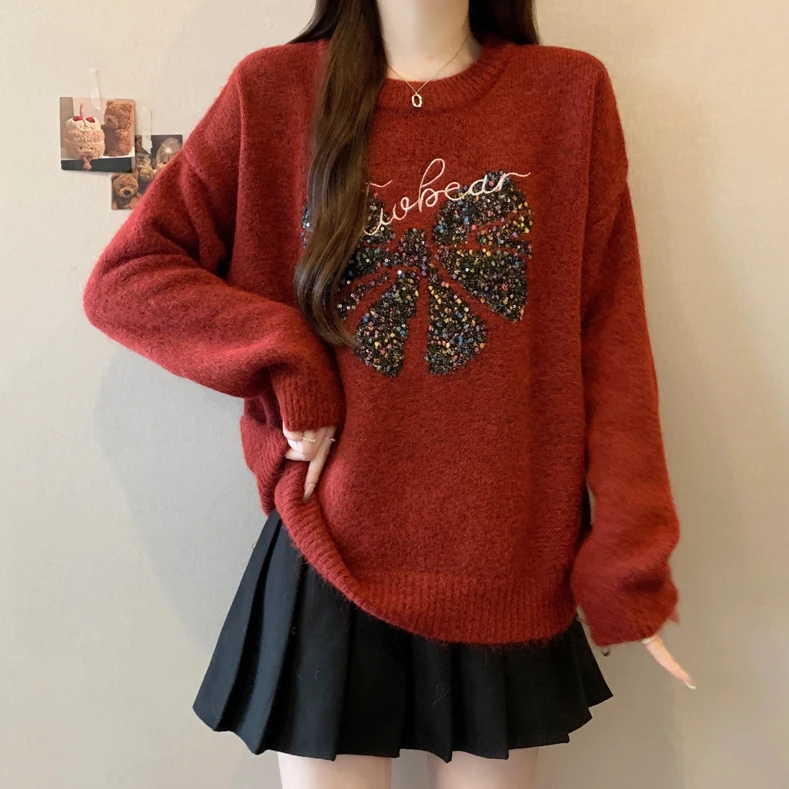 大码慵懒风提花红色圆领毛衣女秋冬微胖MM宽松显瘦百搭洋气针织衫