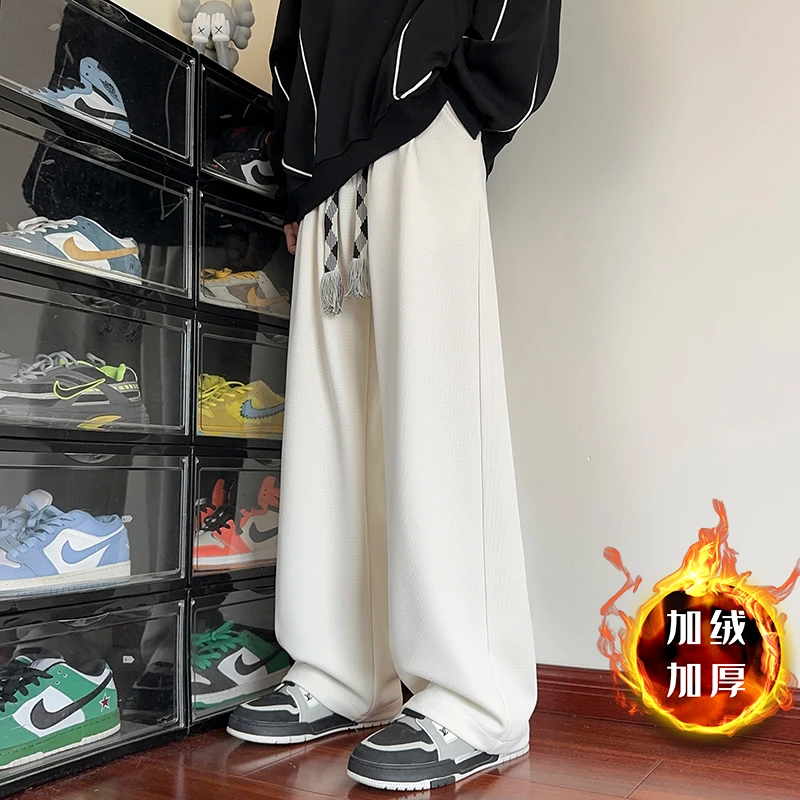 直筒宽松阔腿裤男2025秋冬雨创格加绒卫裤潮流百搭运动休闲长裤