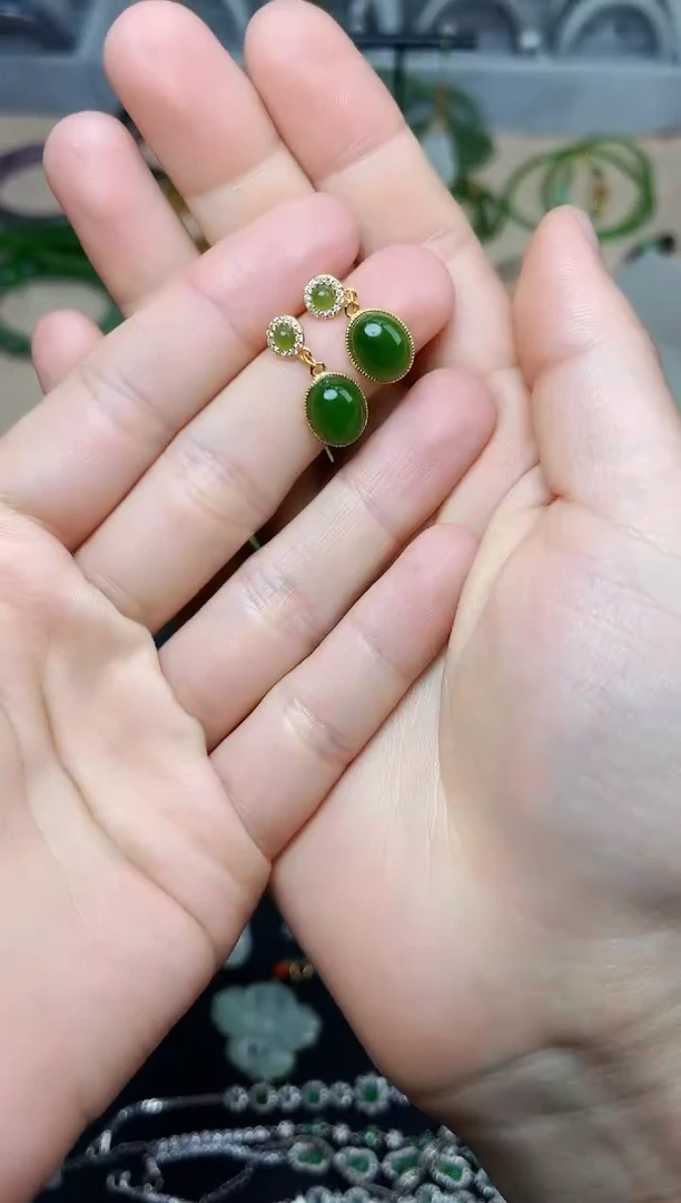 和田玉银S925镶嵌耳饰碧玉耳坠06