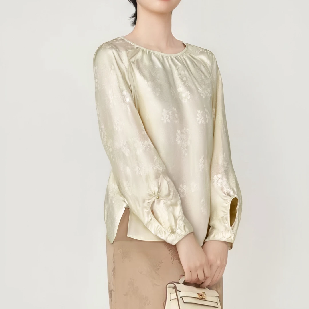 桑波段花螺中式桑蚕丝短袖时尚夏季衬衫纯色宽松气质  LW   S5113