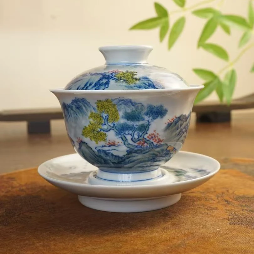 德物小雅纯手工手绘釉下青花五彩山水三才盖碗景德镇陶瓷柴窑