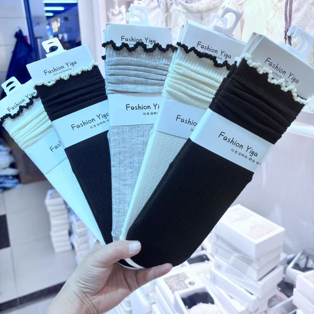 春夏薄款木耳边卷边绢丝中筒堆堆袜