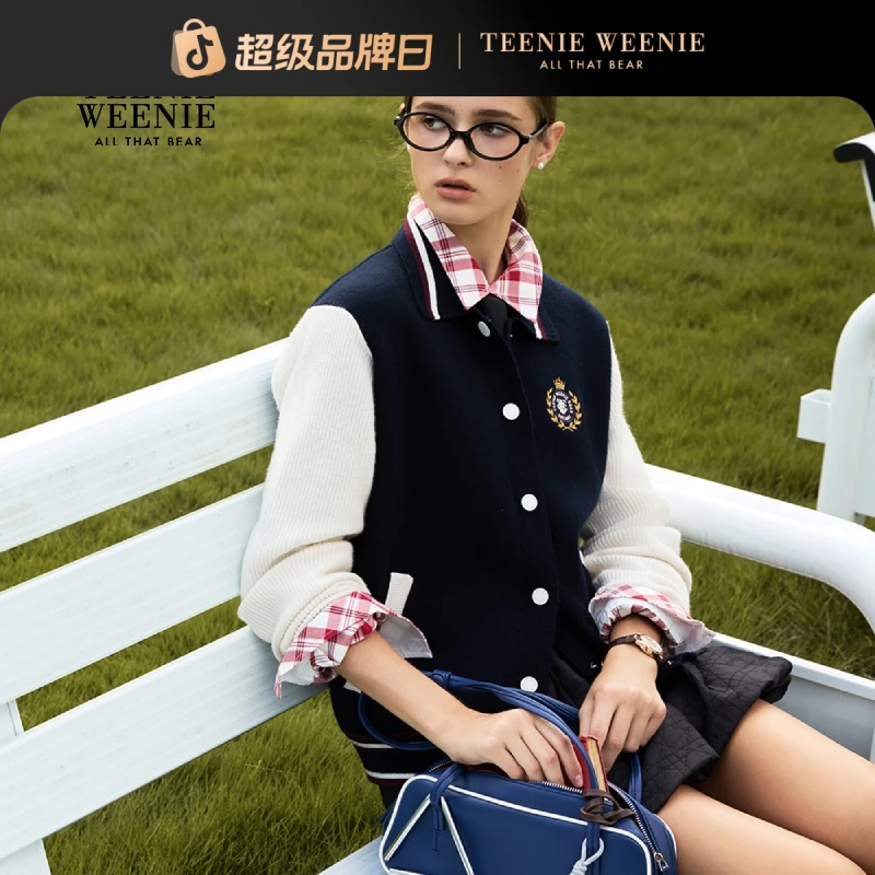 *TeenieWeenie小熊女装毛针织衫25冬新时髦撞色棒球服TTCK258TCAD
