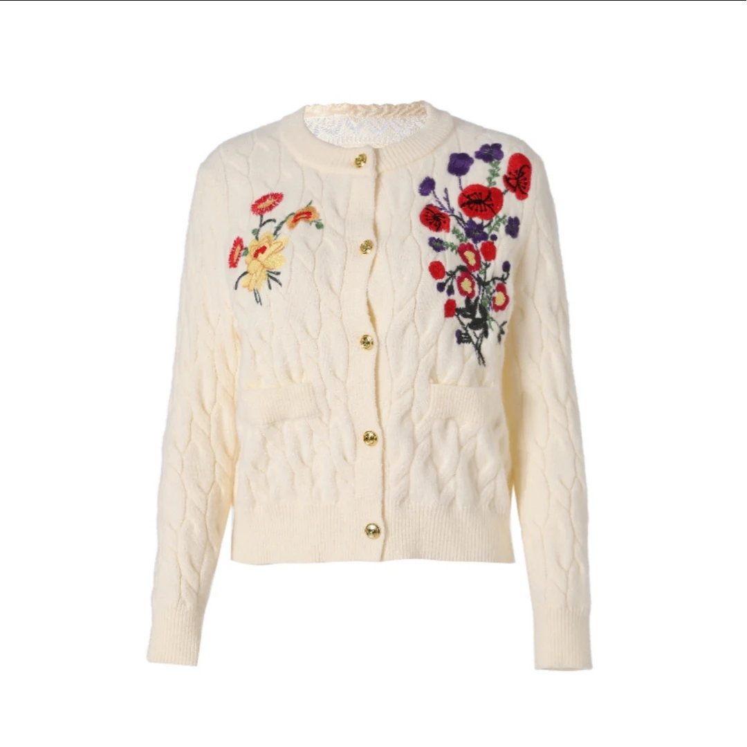 0033印花针织外套小香风白色轻奢羊绒圆领秋冬提花绣花