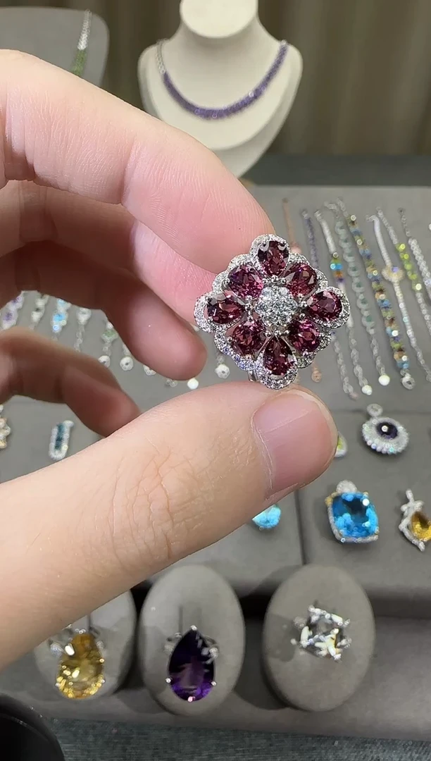 银S925镶嵌戒指石榴石20mm戒指高级款