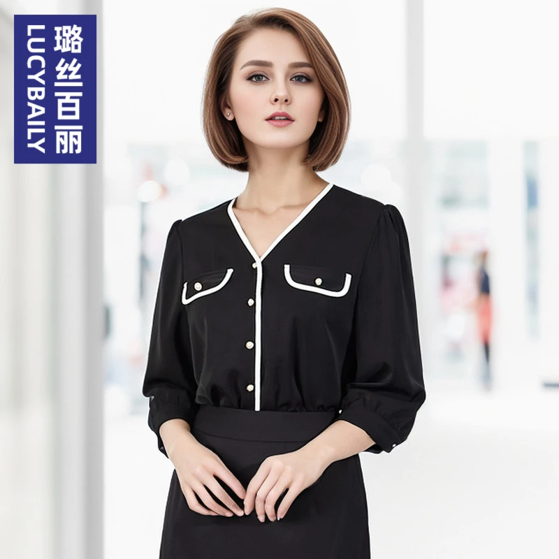 璐丝百丽 240268 款女雪纺衬衫时尚衬衣短袖V领上衣气质通勤职业