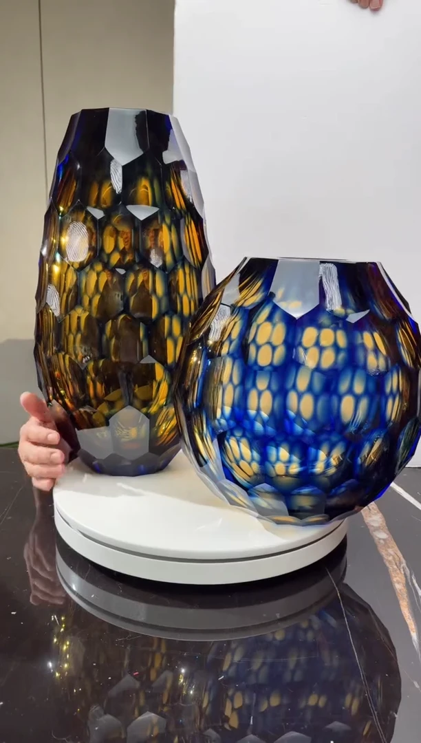 摆件璨石美学【浮光跃金】蓝色茶金凹面花器一组