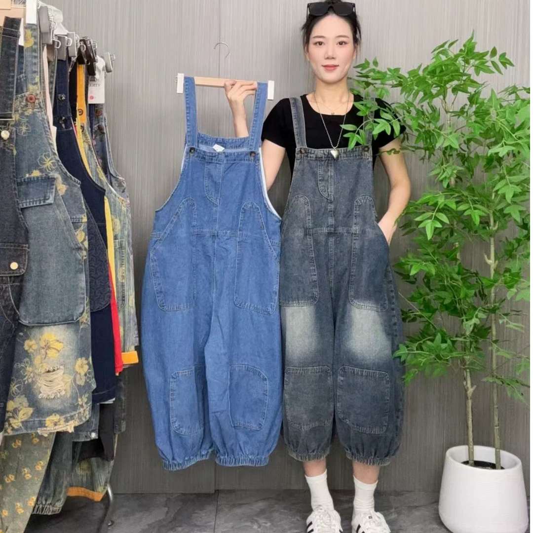 2025夏季无弹力背带裤丹宁风七分牛仔弯刀背带裤显瘦减龄初恋风