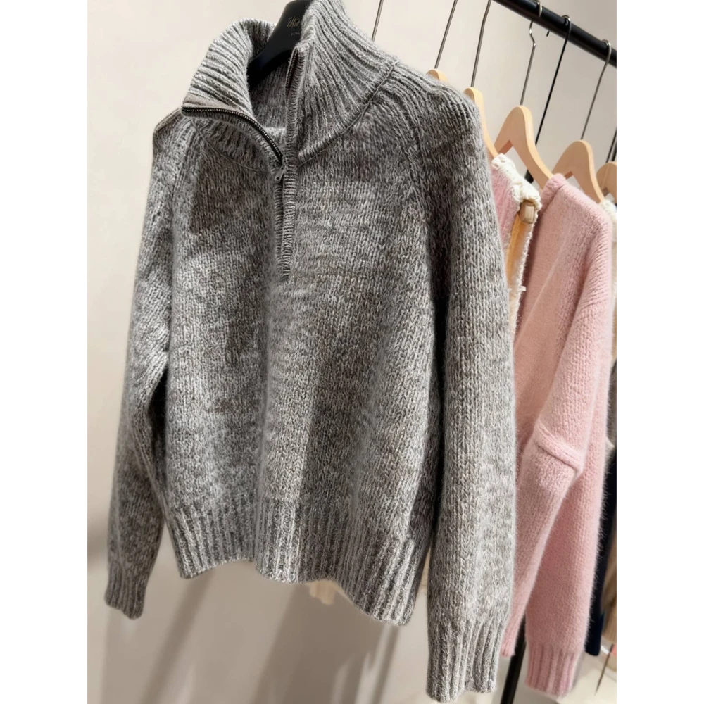 好穿到尖叫，舒服！欧货高领灰色软糯厚实针织衫女装半拉链毛衣外套