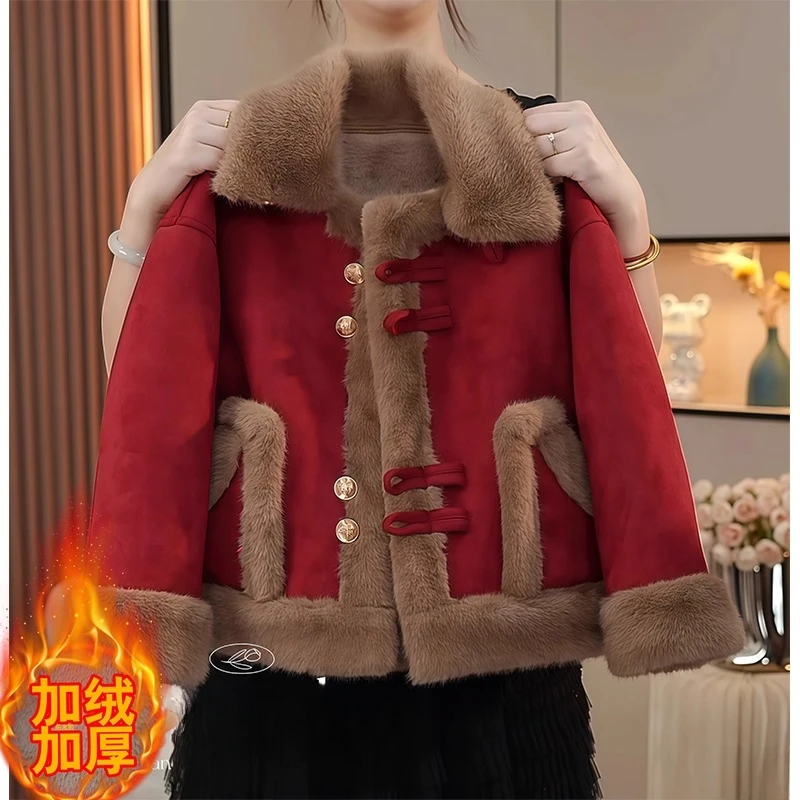 女童加绒外套2025新款秋冬皮毛一体红色麂皮绒加厚毛毛衣洋气时髦