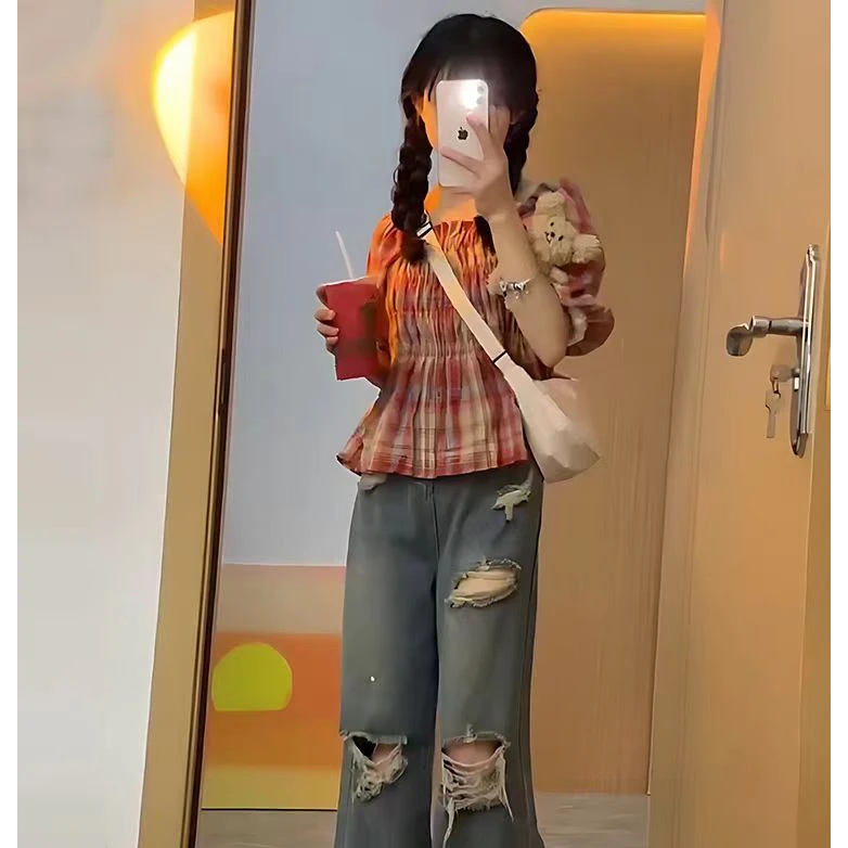 【拍完下架】显瘦法式休闲时尚甜美夏季百搭方口领泡泡袖衬衫女