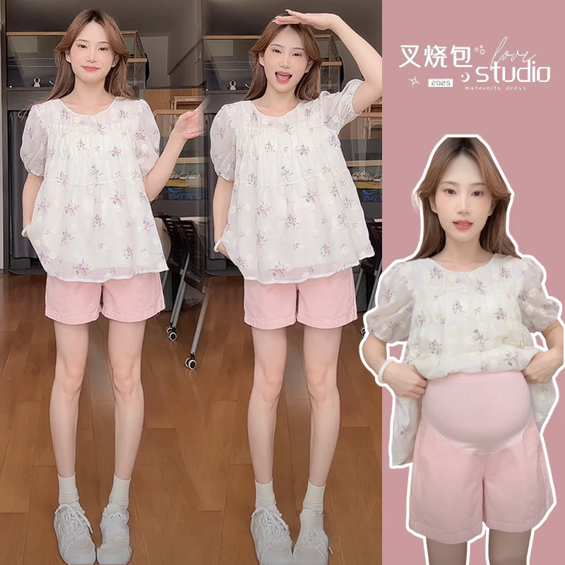 2025夏季宽松甜美碎花温柔薄款娃娃衫+休闲粉色短裤两件套装