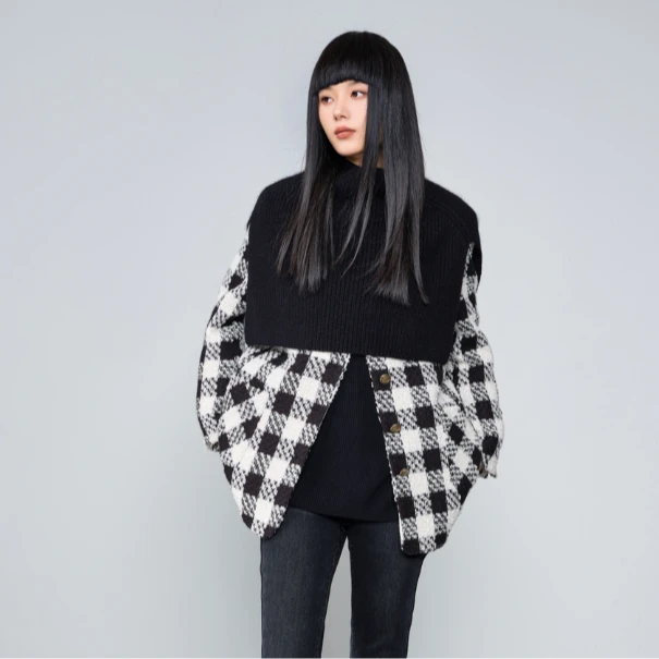 【高高甄选】商场同款新品黑白格小香风披肩羽绒外套N0111B34209