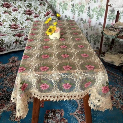 ZN029-26玻璃纱【125*175】高织高密玻璃纱咖红十字绣水溶边桌布