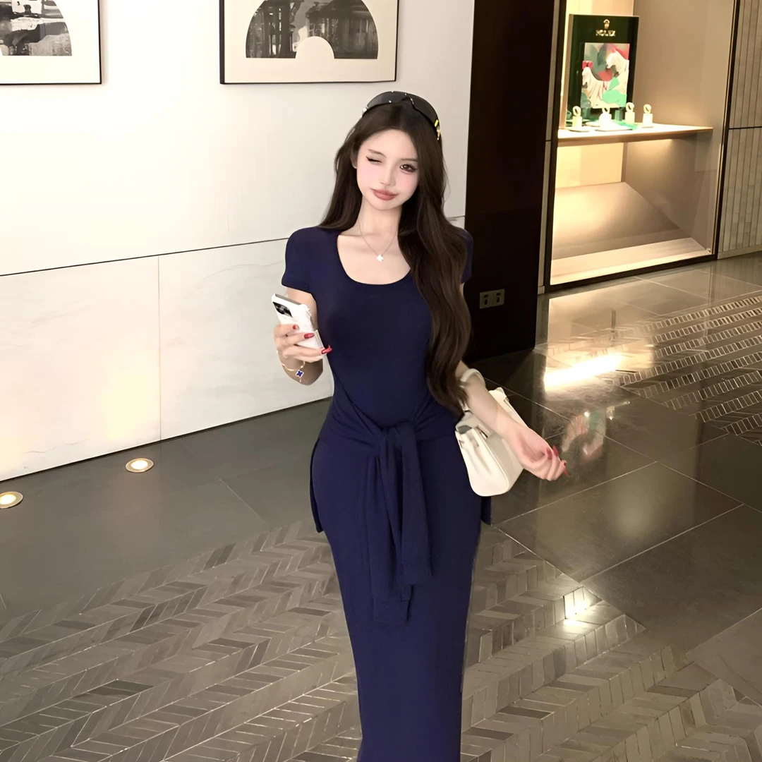 希妮丝 气质后妈裙韩系高级休闲短袖绑带高腰长裙子短袖连衣裙夏