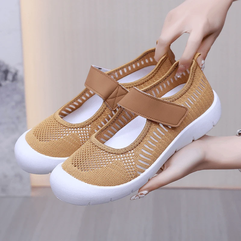 夏季时尚网面妈妈鞋舒适软底防滑中老年休闲鞋透气魔术贴玛丽珍鞋