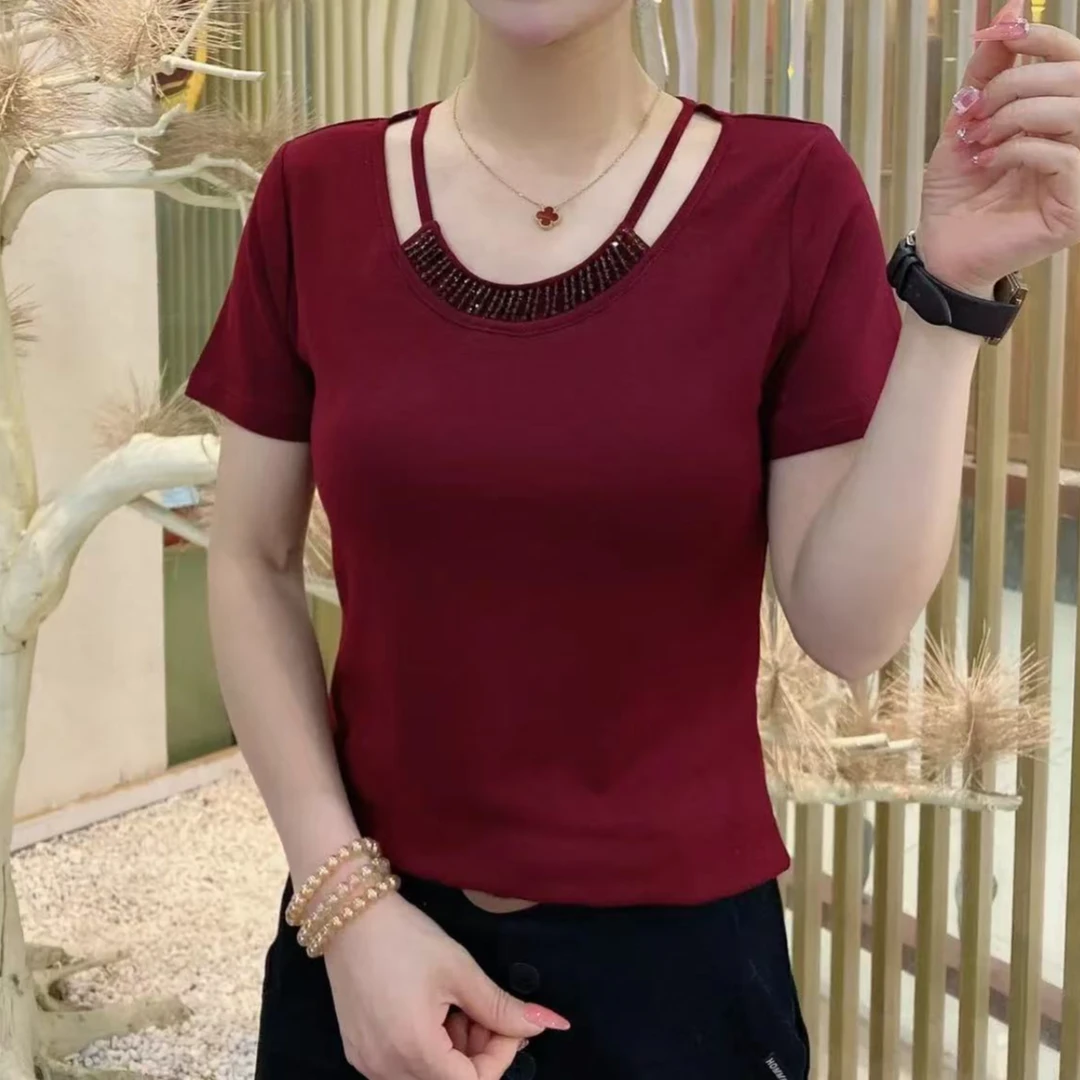 夏季新款钉珠领纯色气质休闲套头T恤女6616