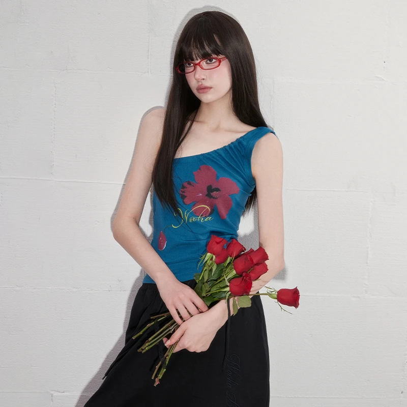 【新品】wooha 吾哈2025初夏新款甜辣小众印花斜肩吊带背心女