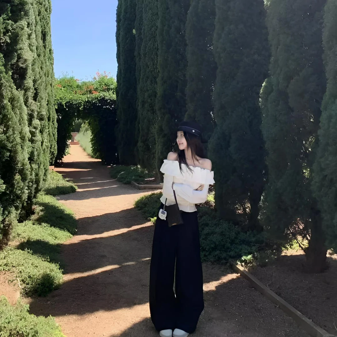 【一见钟情】早春新款气质轻熟风辣妹一字肩长袖收腰衬衫高腰直筒裤