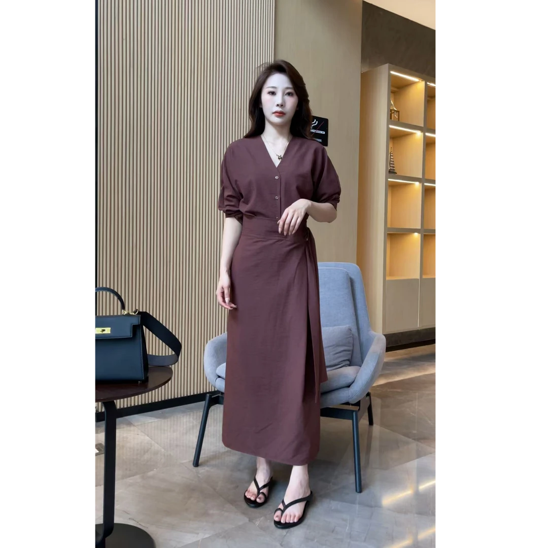 【梦婷家】纯色V领上衣设计感系带半身裙收腰显瘦新款套装-25679