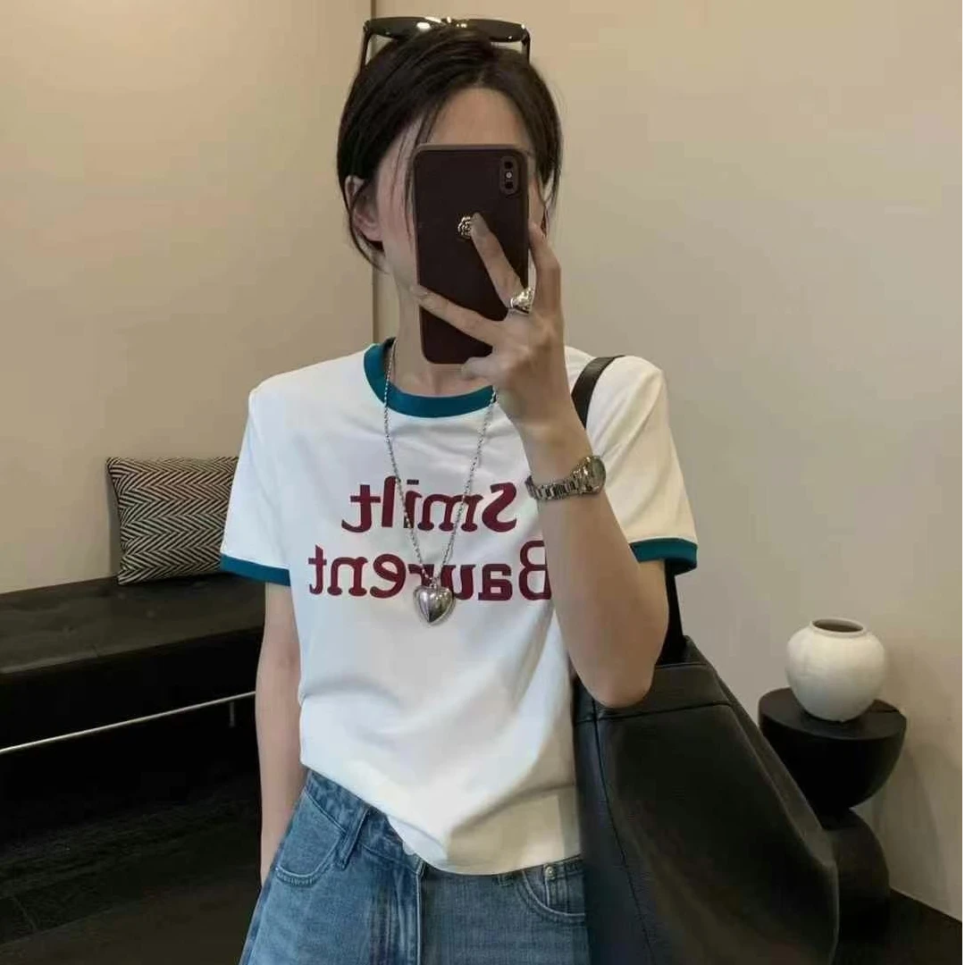 【慧美家】2025短袖防静电圆领通勤字母姐姐T恤白色时尚t恤小众拼接