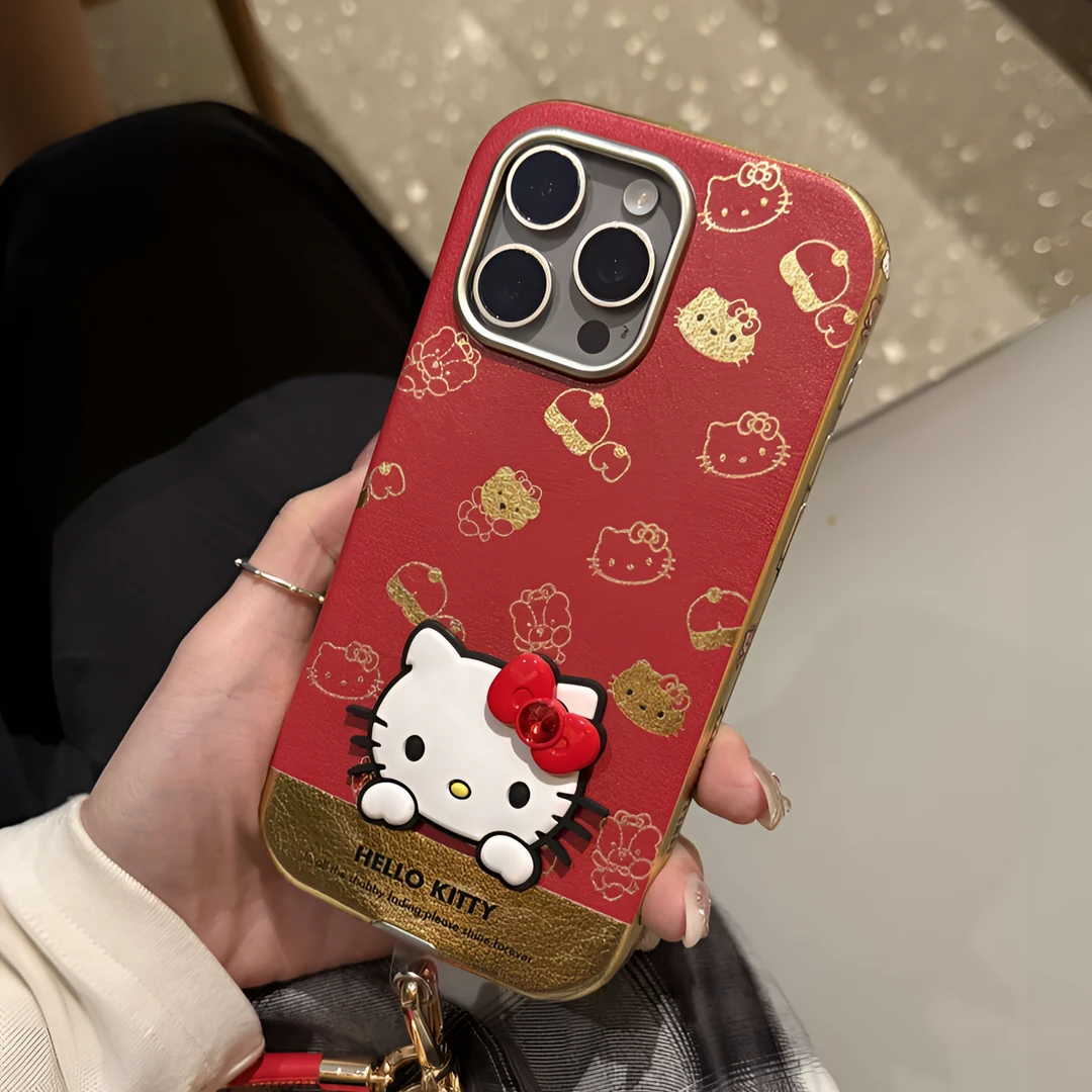 新年喜庆皮纹卡通kitty猫适用iphone16promax手机壳苹果15套14/13