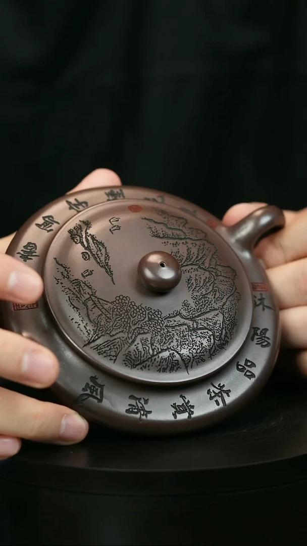 茶壶紫砂跨***徐H1956李传荣紫泥刻绘虚扁