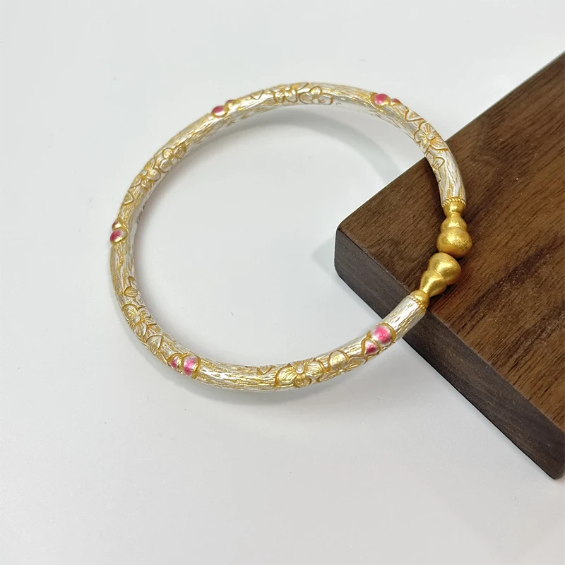 足银手镯 107号链接【描金樱花葫芦粉】足银999.9手镯证书礼盒包装