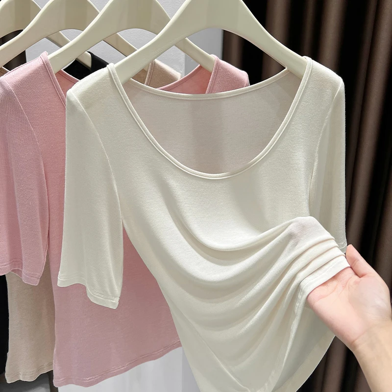 柔软超薄高弹皮肤衣女洋气内搭正肩圆领T恤新款露锁骨修身打底衫