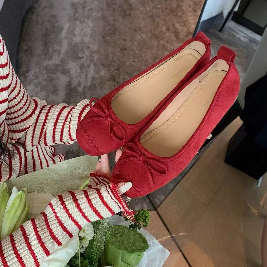 圆头鞋 美美家 大码加宽加大2025夏超软料绒面蝴蝶结方头芭蕾舞鞋