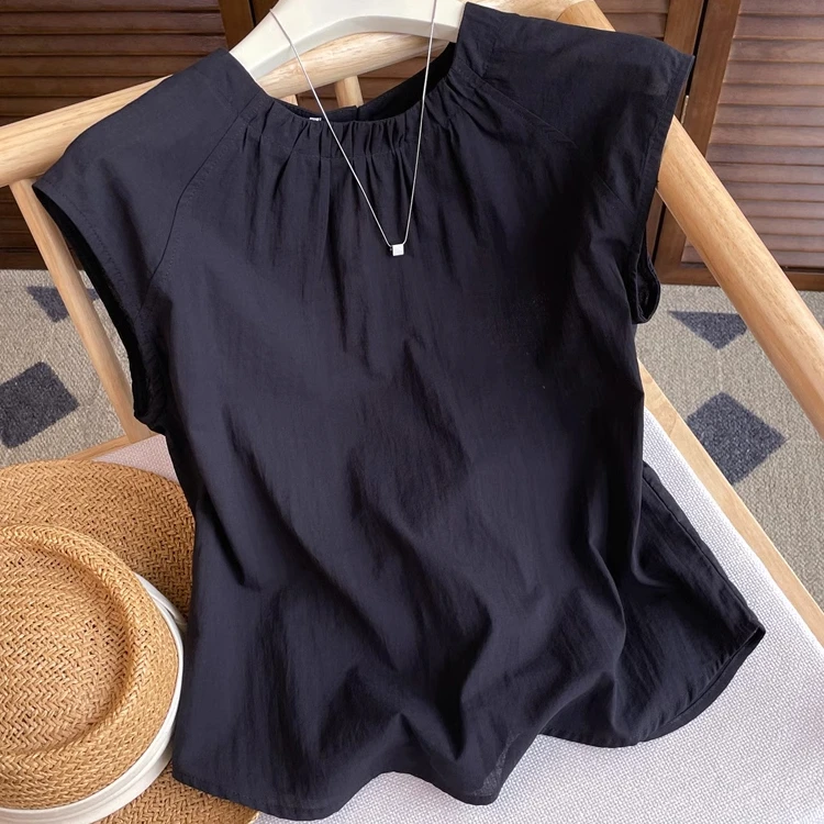 静奢复古黑色皱褶衬衫女夏季2025新款设计感宽松衬衣小飞袖上衣薄