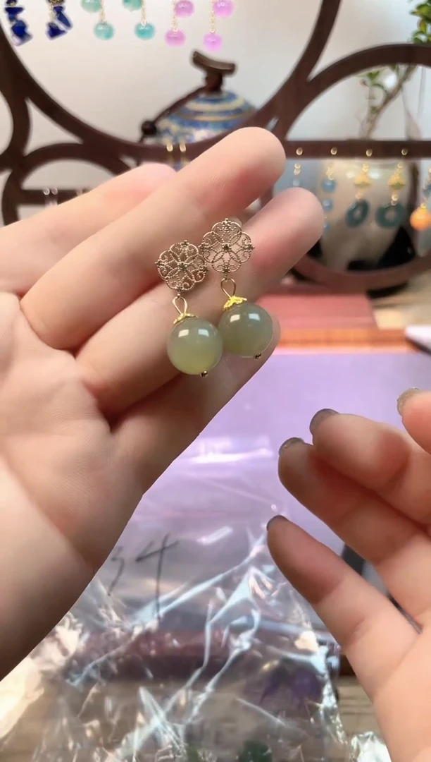 银S925镶嵌和田玉耳饰和田玉耳钉