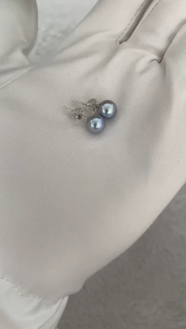 银S925镶嵌海水珍珠耳钉AK真多麻素钉7-7.5mm