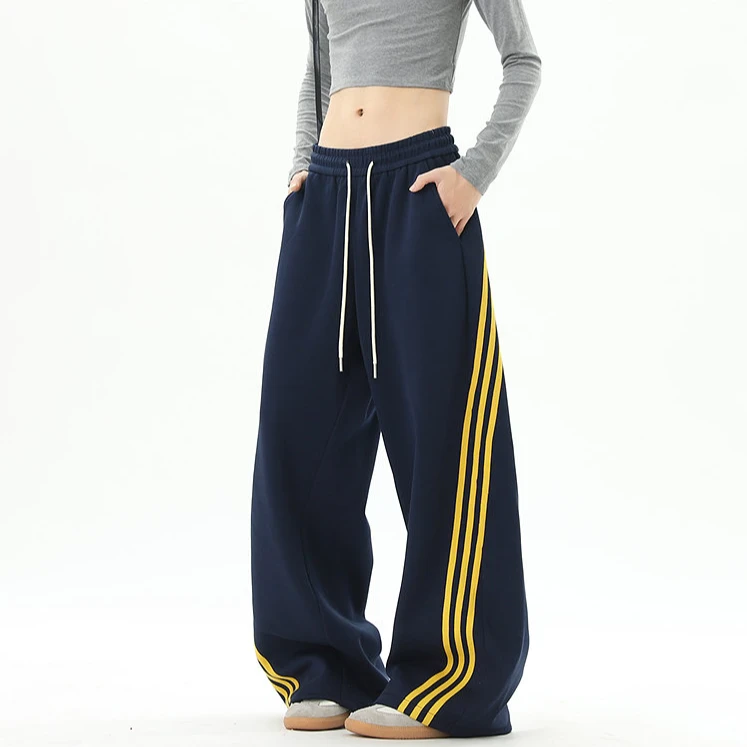 三条杠条纹垂感重磅卫裤男女早秋季宽松大码百搭阔腿休闲运动裤子