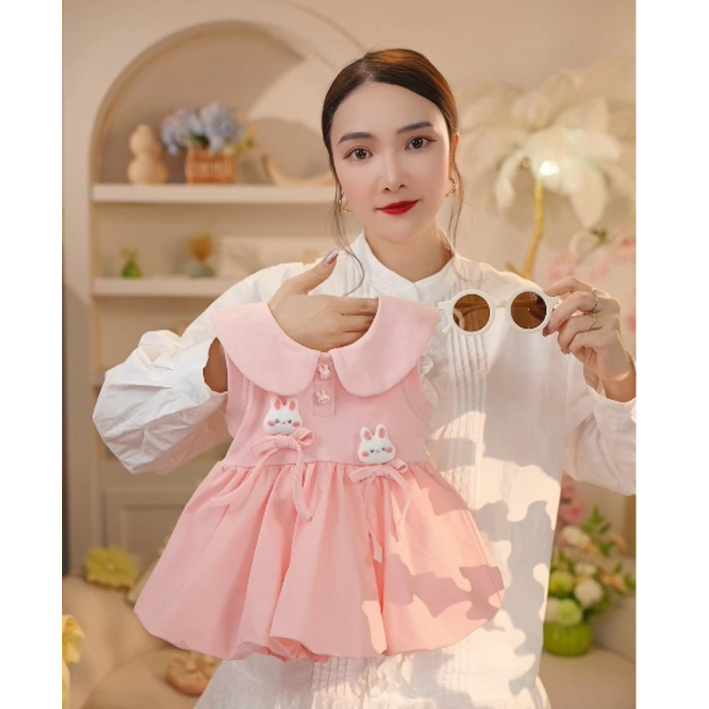 2025年夏季新款女小童可爱小兔子娃娃领花苞polo裙027