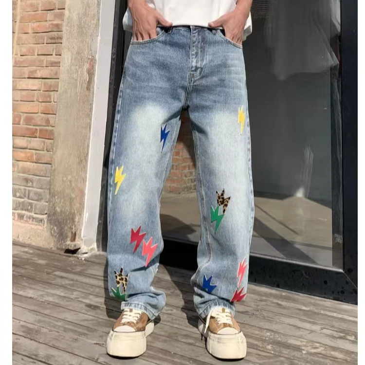 （mer姐专属）时尚宽松直筒【闪电牛】男女同款1315-8牛仔裤