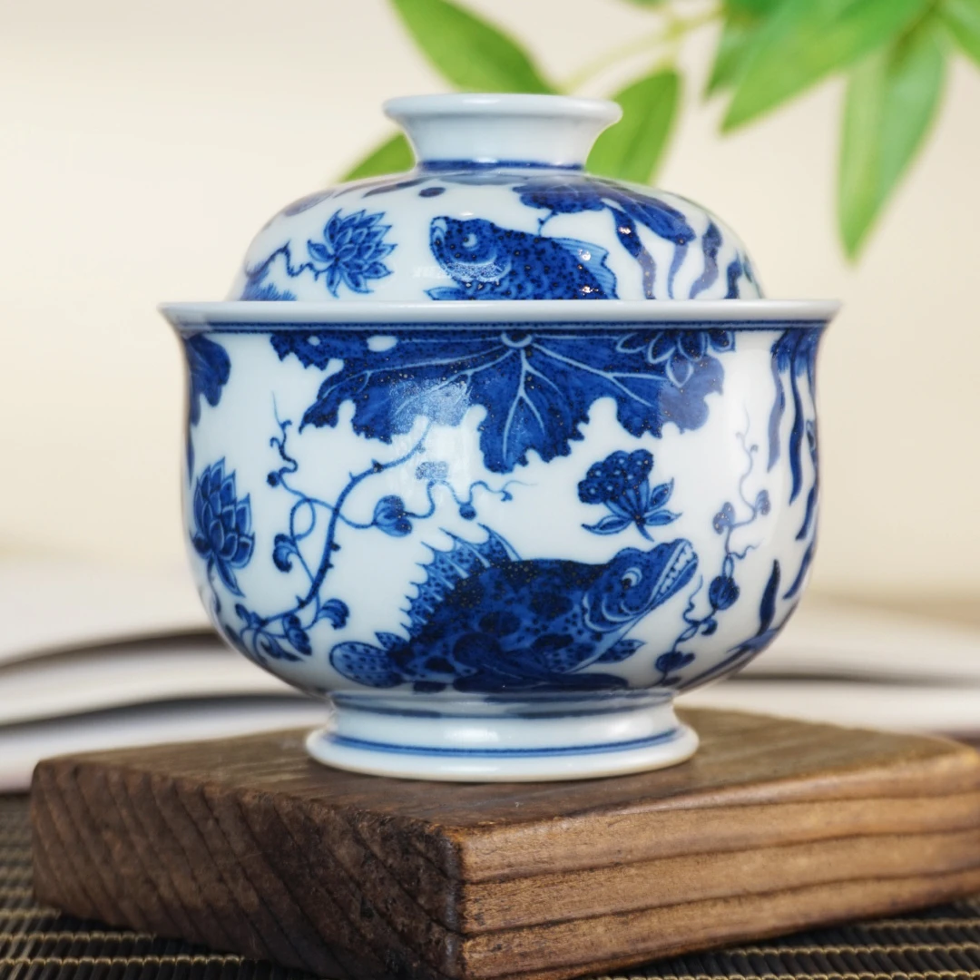 望月御品140ml柴窑手绘鱼藻带内绘两才盖碗纯手工仿明景德镇盖碗
