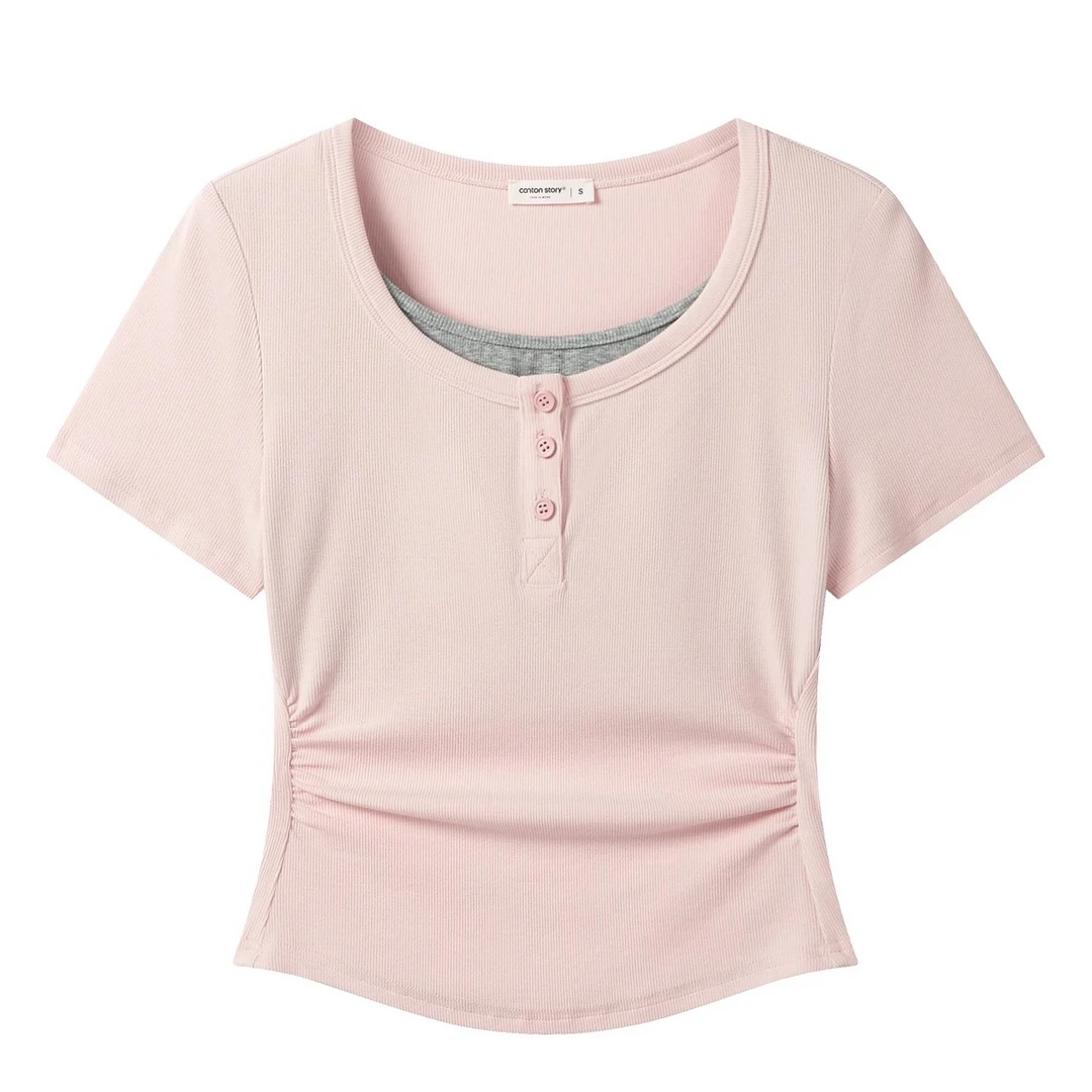 羊城故事-韩版假两件方领短袖上衣夏季收腰修身显瘦t恤Y50449685