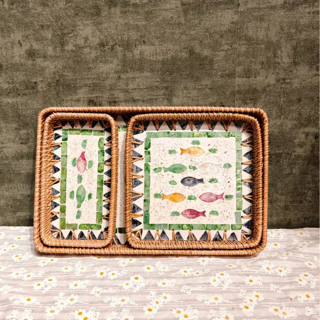 H越南真藤37*23*4小鱼群贝壳方盘桌面客厅茶几茶杯零食水果托盘