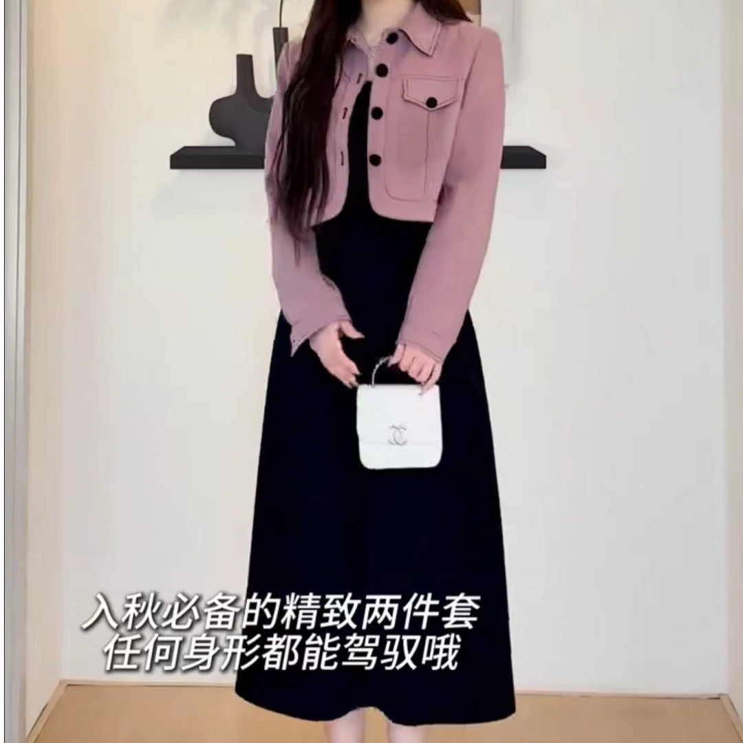 8091-两件套（外披+吊带裙）大码重工时尚百搭撞色连衣裙