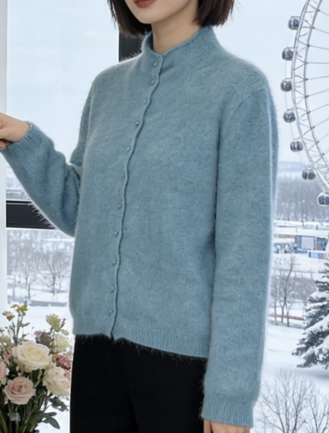 【方扣开衫-蓝】2025秋冬新款100%羊毛开衫女上衣气质显瘦针织衫