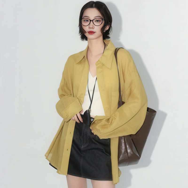 多巴胺穿搭长袖衬衣女2025夏季新款大码胖MM时尚简约韩系衬衫上衣