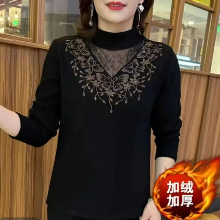 加绒亮钻打底衫女黑色半高领上衣大码遮肚子气质长袖小衫女